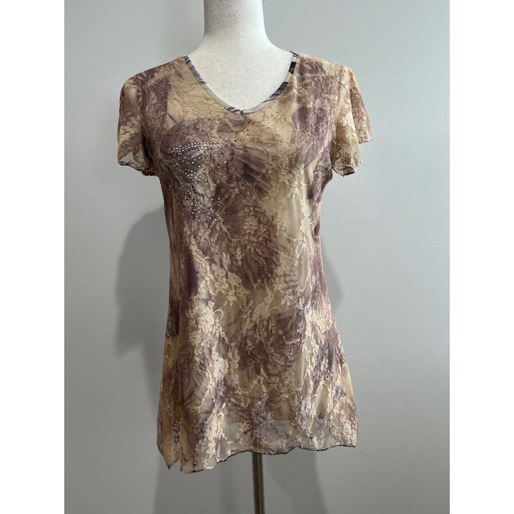 Y2K Established 1962 Lace Asymmetrical Hem Lace Blouse Womens S Beige V-Neck